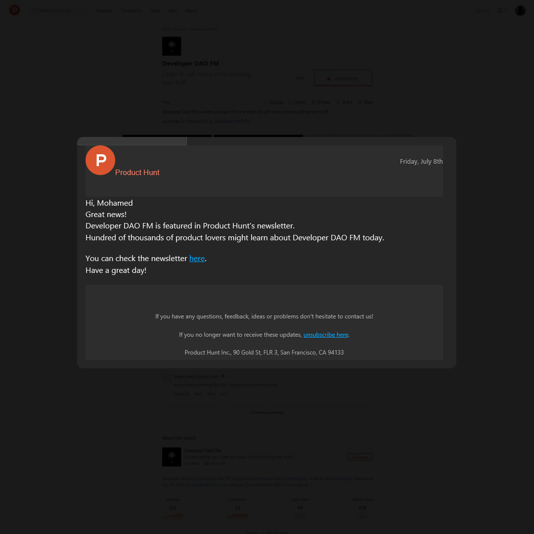 Product Hunt feature email