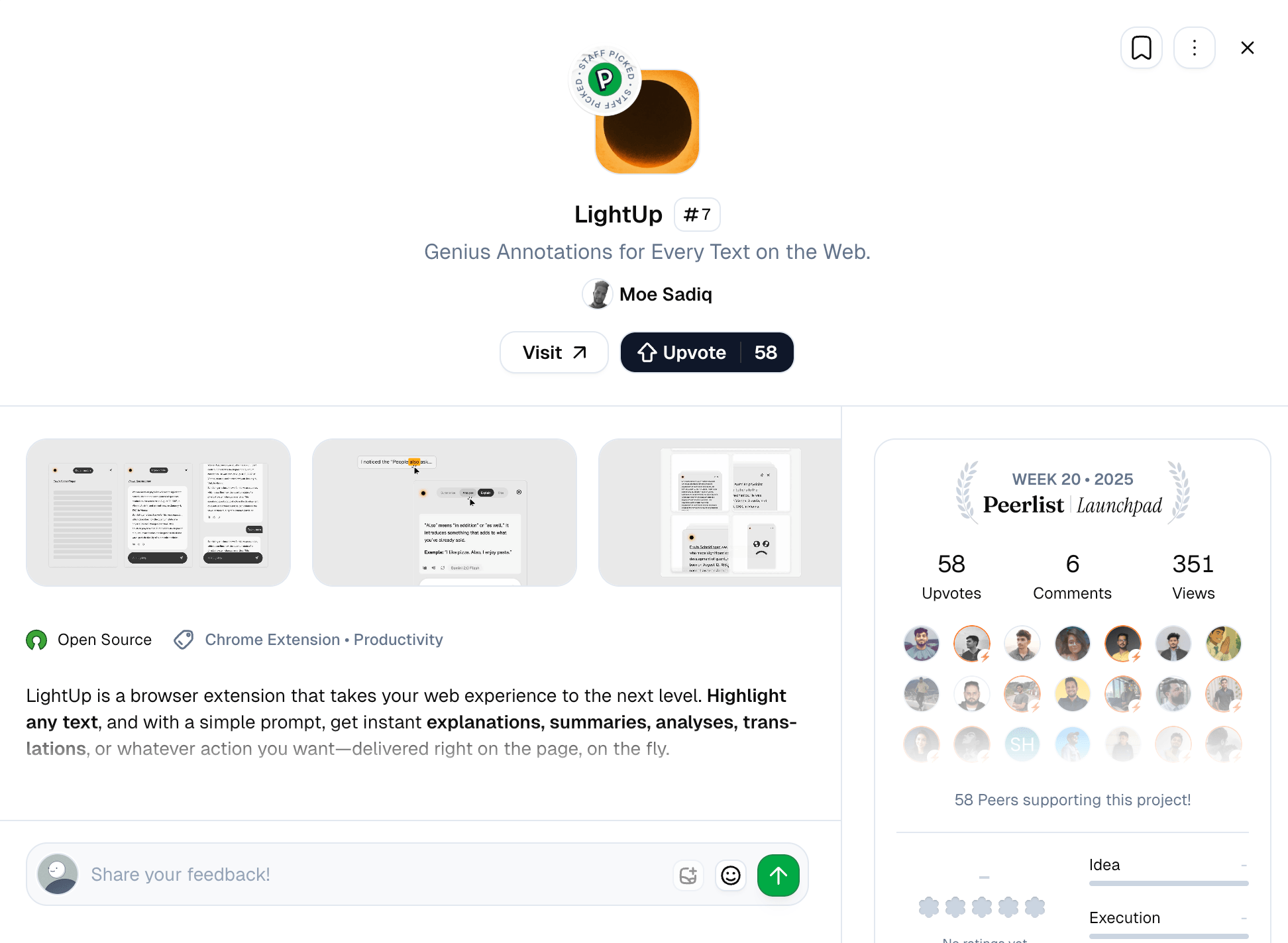 LightUp profile page on Peerlist